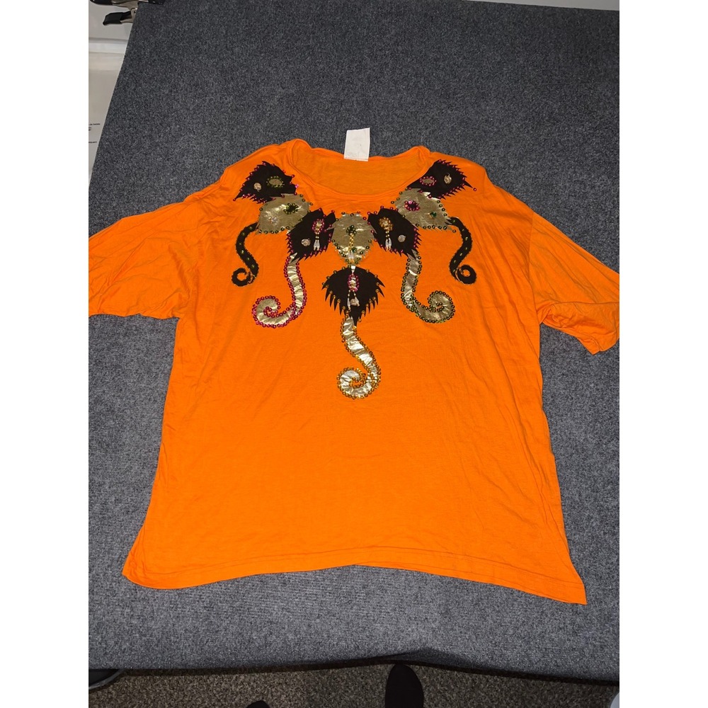 Exclusif Orange Embellished Sequin Bead Graphic T-Shirt Cotton Rayon Blend